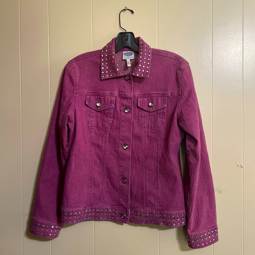 DG2 by Diane Gilman, purple wash denim jacket with rhinestone details